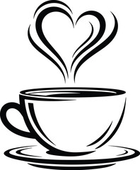 Coffee cup with heart-shaped steam, romantic beverage icon, cozy drink silhouette, minimal vector design, cafe branding, love symbol, warm morning art, black outline