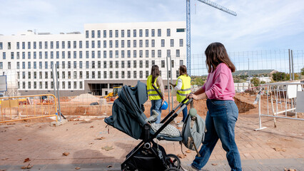 Construction site with diverse professionals and a woman passing by