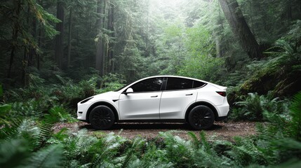 sleek white electric suv parked by green forest for modern ecofriendly transport