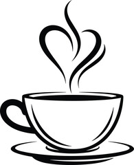 Coffee cup with heart steam, romantic beverage art, minimal design, cafe branding, warm drink icon, love symbol, black silhouette, cozy morning illustration