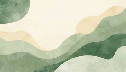 Abstract landscape art with wavy shapes and organic forms. Earthy color palette of green and beige tones create a serene and calm background for graphic design projects.