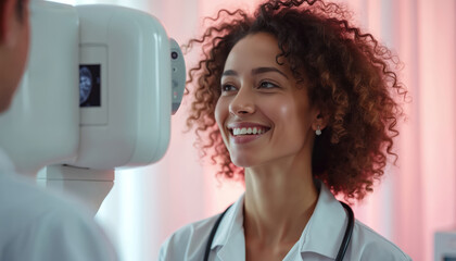 Young woman with curly hair smiles during mammogram screening. Medical technician in white coat operates modern x-ray equipment in clinic. Breast cancer checkup for health awareness. Early detection