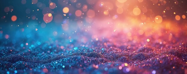 Vibrant glitter background sparkling blue, pink, orange hues. Bokeh light particles float above shimmering textured surface. Abstract design festive, luxurious, modern, creating magical celebratory