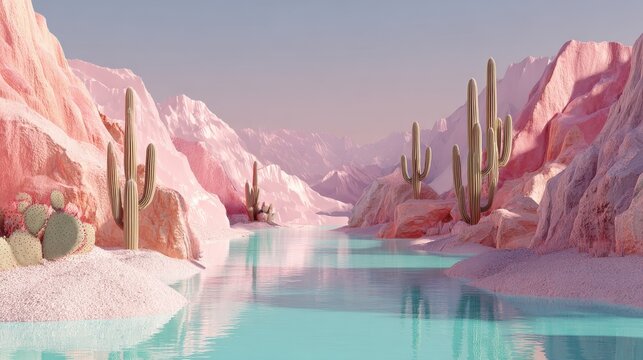 a surreal desert scene featuring a pastel pink canyon surrounding a turquoise oasis pool with tall cacti and soft dreamy light set in a whimsical aesthetic