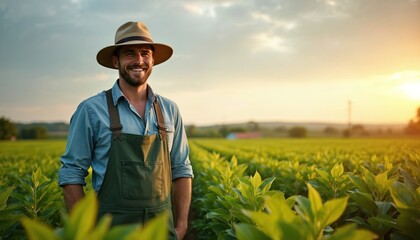 Fototapeta premium Happy farmer stands in green field at sunset. Man in hat wearing overalls looks at camera. Farm worker smiles in farmland during sunrise. Agriculture business prospers.
