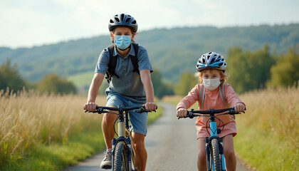 Two young children, boy, girl, wear protective face masks, bike helmets. Ride bicycles on scenic country road through vast green fields. Kids enjoy healthy outdoor summer activity, family travel