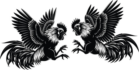 Two roosters in aggressive stance, cockfight silhouette, dynamic feathers, black outline, cultural symbol, fighting birds, traditional combat, symmetrical composition, vector illustration © MDMUNTASSER