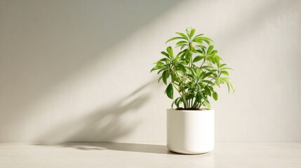 Fototapeta premium green indoor plant in white ceramic pot fresh leaves with soft shadow minimalist ecofriendly interior decor concept