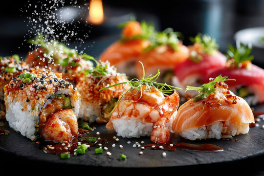 Variety of fresh sushi rolls on a dark plate - Powered by Adobe