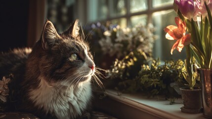 ecochic cat sanctuary sunlit rescue cat on urban windowsill  respect your cat day spring harmony and earth day florals for sustainable home styling