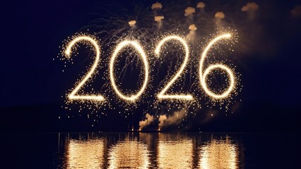 happy new year, new year's eve, silvester, new year, sparklers celebration greeting card, new year card - Year 2026 in sparkler font and firework fireworks pyrotechnic, on blue night sky background