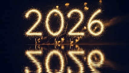 happy new year, new year's eve, silvester, new year, sparklers celebration greeting card, new year card - Year 2026 in sparkler font and firework fireworks pyrotechnic, on blue night sky background