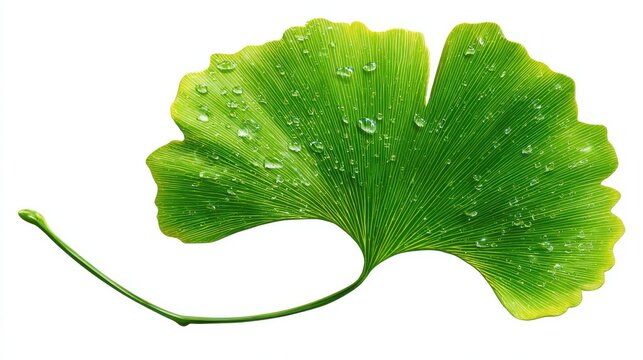 a single vibrant green ginkgo leaf isolated on a white background - Powered by Adobe