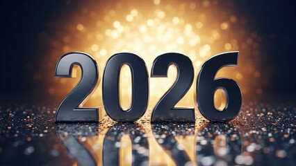 happy new year, new year's eve, silvester, new year, sparklers celebration greeting card, new year card - Year 2026 in sparkler font and firework fireworks pyrotechnic, on blue night sky background