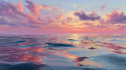 vivid digital painting of ocean waves at sunset pastel sky reflected on water surface calm peaceful scene