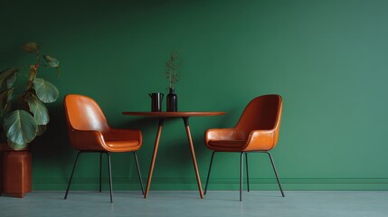 Fototapeta premium orange leather chairs at round dining table against green wall scandinavian mid century home interior design of modern living room