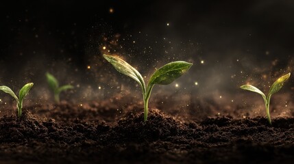 world soil day poster with glowing seedlings and dark earthy background