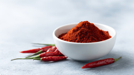 Pristine white ceramic bowl heaped with vibrant red chili powder, surrounded by whole dried red chilies bold spice, heat and color for cooking, seasoning, and gourmet dishes