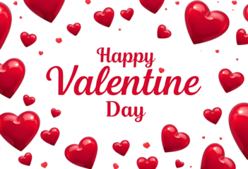 Happy Valentine Day poster features glossy hearts in a romantic banner design.