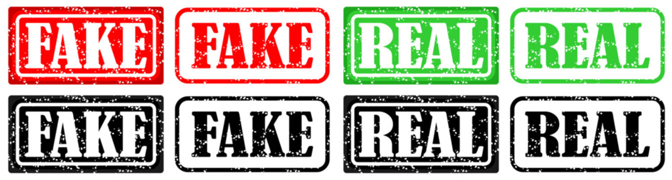 Fake and Real word grunge rubber stamp for media and documents. Fake and Real sign sticker.