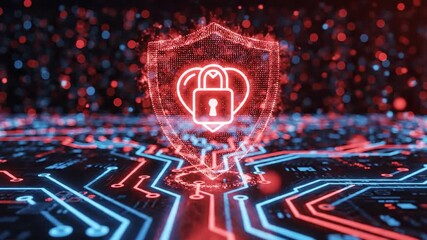 Digital security shield with padlock and heart on futuristic circuit board background - Powered by Adobe
