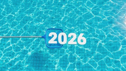 happy new year, new year's eve, silvester, new year, sparklers celebration greeting card, new year card - Year 2026 in sparkler font and firework fireworks pyrotechnic, on blue night sky background