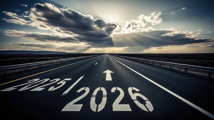 happy new year, new year's eve, silvester, new year, sparklers celebration greeting card, new year card - Year 2026 in sparkler font and firework fireworks pyrotechnic, on blue night sky background