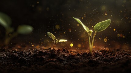 world soil day poster with glowing seedlings and dark earthy background