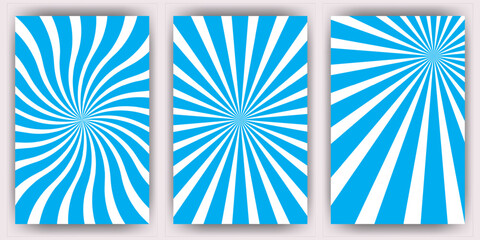 Blue and White Sunburst Swirl Background Vector Set.Dynamic Pop Art Striped Backgrounds with Swirl Effect