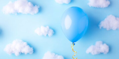 Floating blue balloon with yellow ribbon, moving among fluffy white clouds on a light pastel blue sky, symbolizing childhood and growth