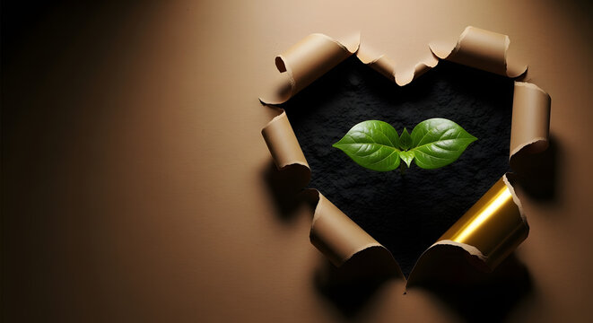 Young green plant growing in rich black soil, seen through a heart-shaped hole in brown kraft paper. Concept of sustainability, eco-friendly living, environmental awareness, love for nature. Earth Day - Powered by Adobe