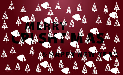 Christmas Seamless Pattern with White Trees and Santa Hats on Red Background.vector