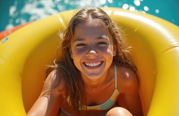 Young girl in swimsuit lies on yellow inflatable tube smiling with eyes closed. Girl enjoys summer day in swimming pool. Happy child relaxes on water float. Female kid plays in water on sunny day.