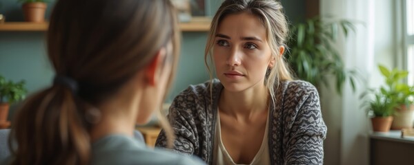 Woman in cardigan listens intently to woman talking. Indoor scene with plants suggests therapy or counseling session. Focused gaze shows empathy and understanding.