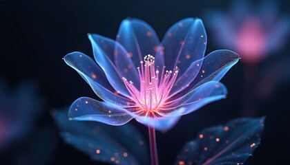 Fototapeta premium Digital neon flower glows with blue petals and pink center. Futuristic wireframe plant with light particles on black background. Sci fi botanical illustration for tech.