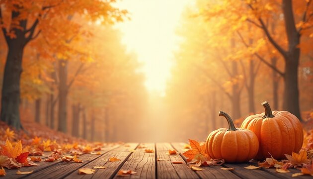 Autumn scene with pumpkins, fallen leaves on wooden planks. Orange trees and bright sunlight create cozy fall mood. Perfect for seasonal greetings and promotions.