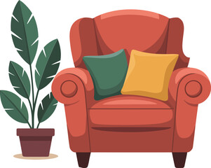 Cozy red armchair with two decorative pillows and potted plant