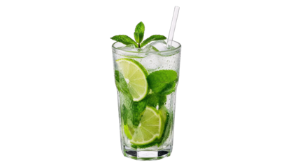 Mojito Cocktail with Lime, Mint and Ice Cubes on White