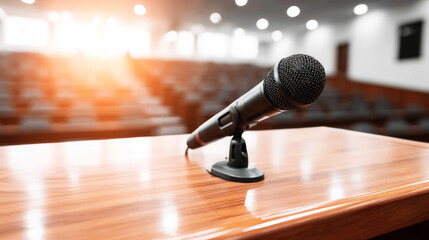 Microphone standing on a wooden lectern in a blurred lecture hall, symbolizing communication, education, and public speaking events