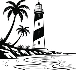Coastal lighthouse illustration with palm trees and ocean shore