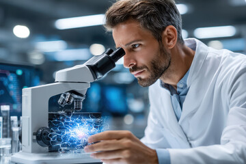 Scientist conducting advanced research with a microscope in a modern laboratory environment