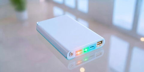 Portable hard drive sitting on a reflective glass table, featuring glowing USB ports for data storage and device connectivity