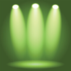 Vibrant green spotlight beams illuminate an empty studio background, ideal for product display or abstract concepts.
