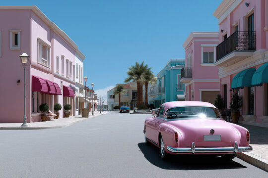 Pink car parked on a street with colorful buildings and palm trees - Powered by Adobe
