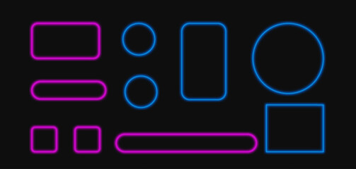 Set of liquid glass vector frames and shapes with reflection and shadow.Neon light frames. Buttons set. Glowing UI elements with blur light blue others coller transparent futuristic design.vector 