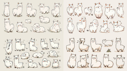 Obraz premium Adorable illustration set of alpacas in a wide range of cute poses, standing, sitting, rolling, stretching, and interacting, all drawn in a soft whimsical sketch style.