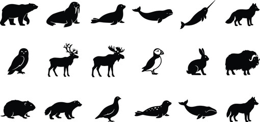 Arctic and winter animal silhouette icon set. Polar bear, penguin, and reindeer wildlife symbols vector collection.  © ArtMint