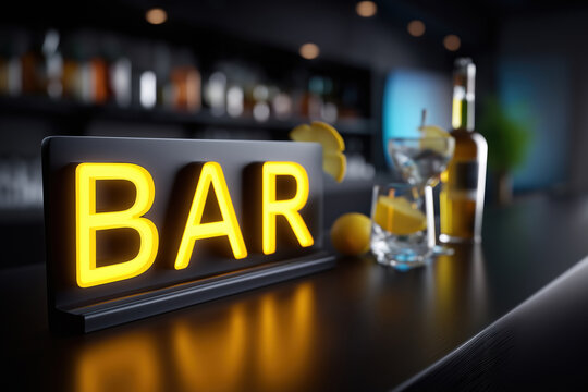 Sign displays bar name with drinks and lemon slices on counter - Powered by Adobe