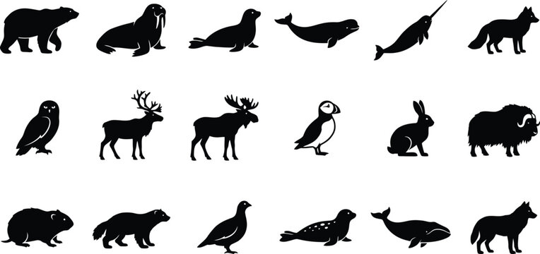 Arctic and winter animal silhouette icon set. Polar bear, penguin, and reindeer wildlife symbols vector collection.
