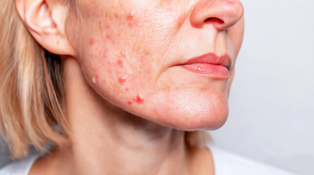Woman's skin revealing visible acne, pimples, and pustules on cheek and jawline, showing common dermatological concerns